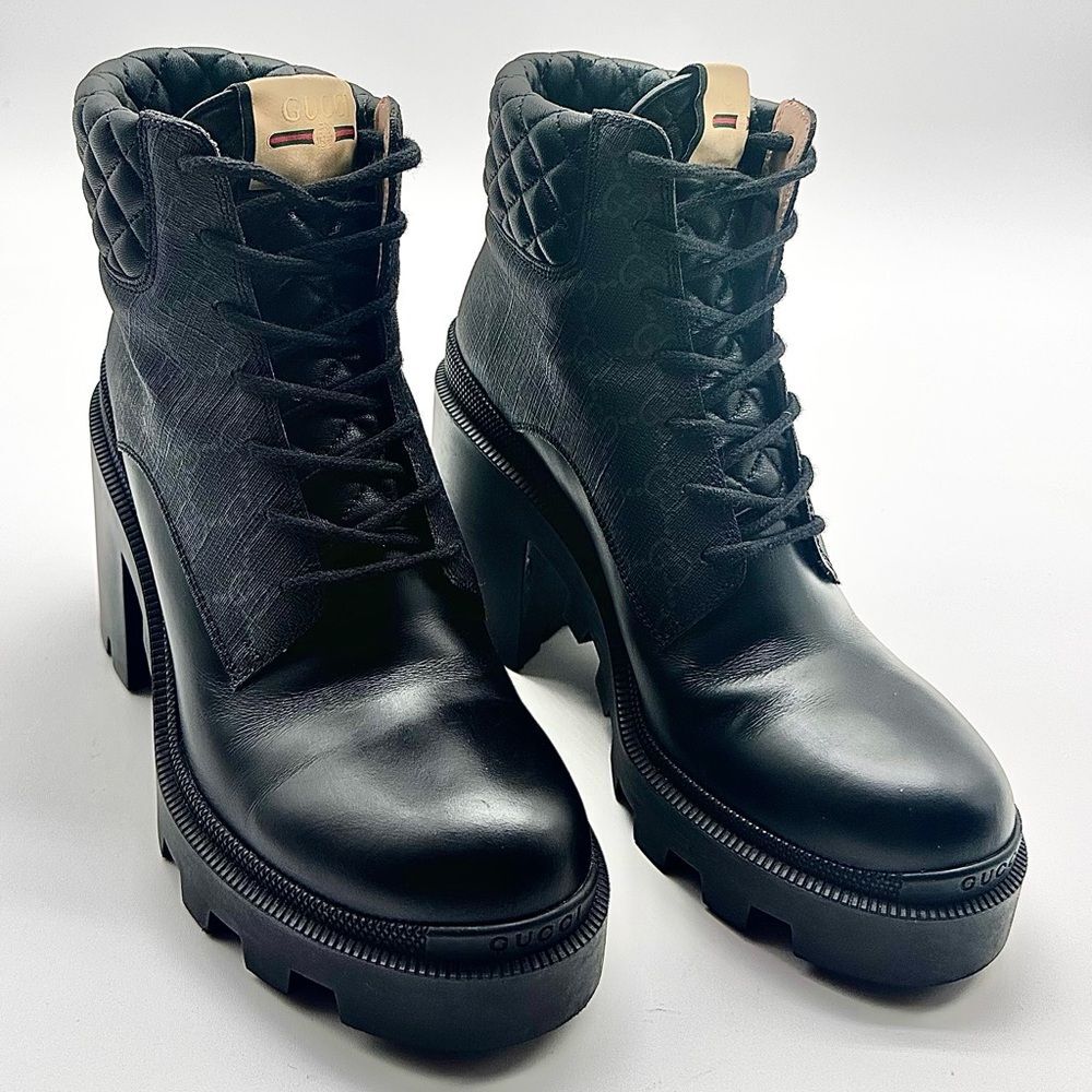Gucci Apollo GG Monogram Canvas Black Leather Samoa Trip Combat Boots EU 40 US10